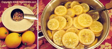 Meyer lemon slices with simple basic ingredients and after cooking in sugar syrup