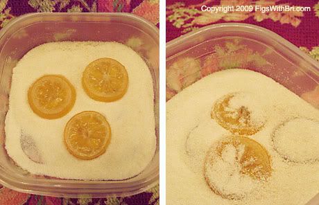 Coating candied Meyer lemon slices with organic granulated sugar