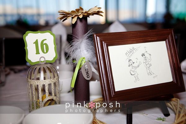Wedding handmade centerpieces featuring personalized cartoon and handmade birdcage