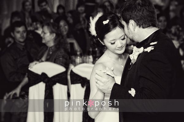 Bride and groom romantic first dance in black and white