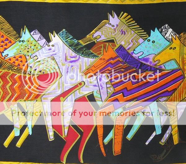 100% Black Silk Oblong Scarf Art Painting Gallop Horses  